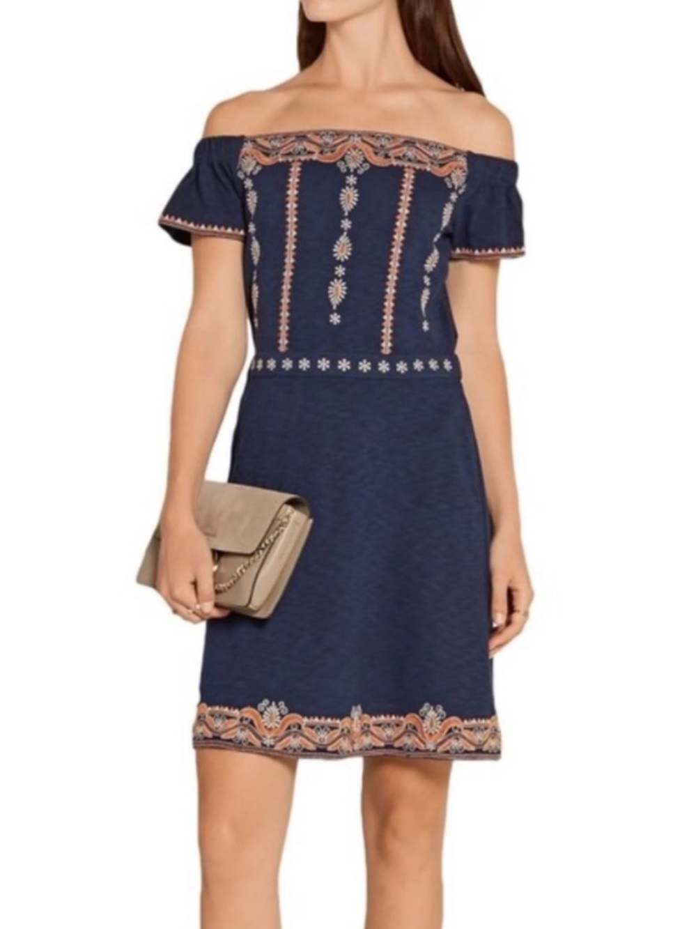 Tory Burch Nell Womens Small Dress Off the Shoulder Embroidered Blue Boho